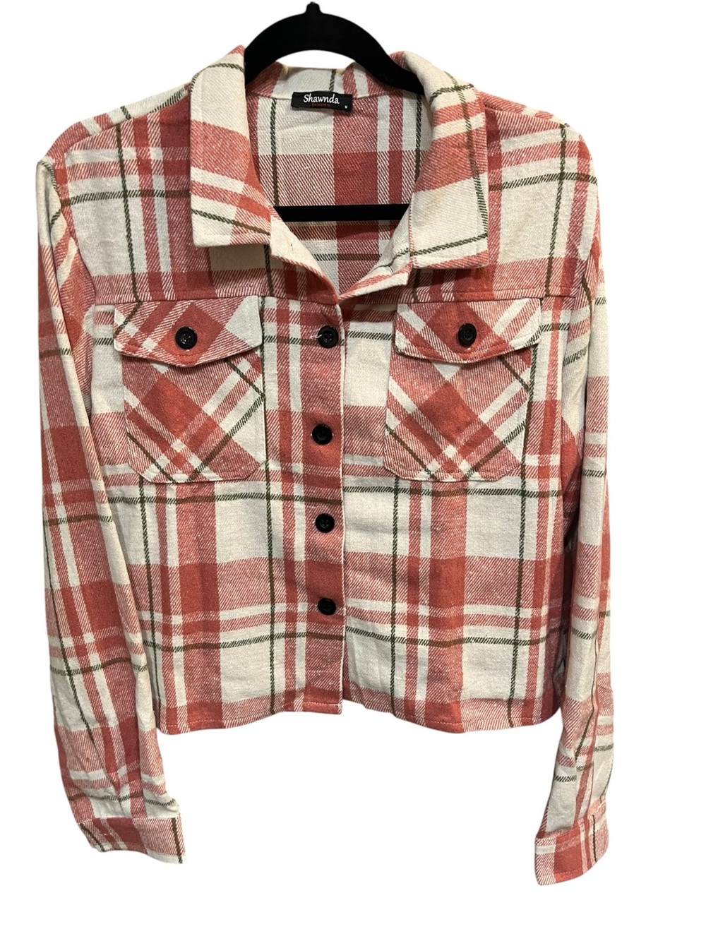 NWOT Pink and Green Crop Long Sleeve Flannel Top - Size Medium